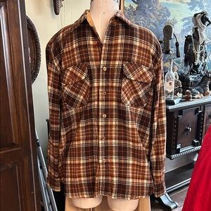 Vintage Sears Sz L Wool Blend Brown Plaid Button-Up Shirt